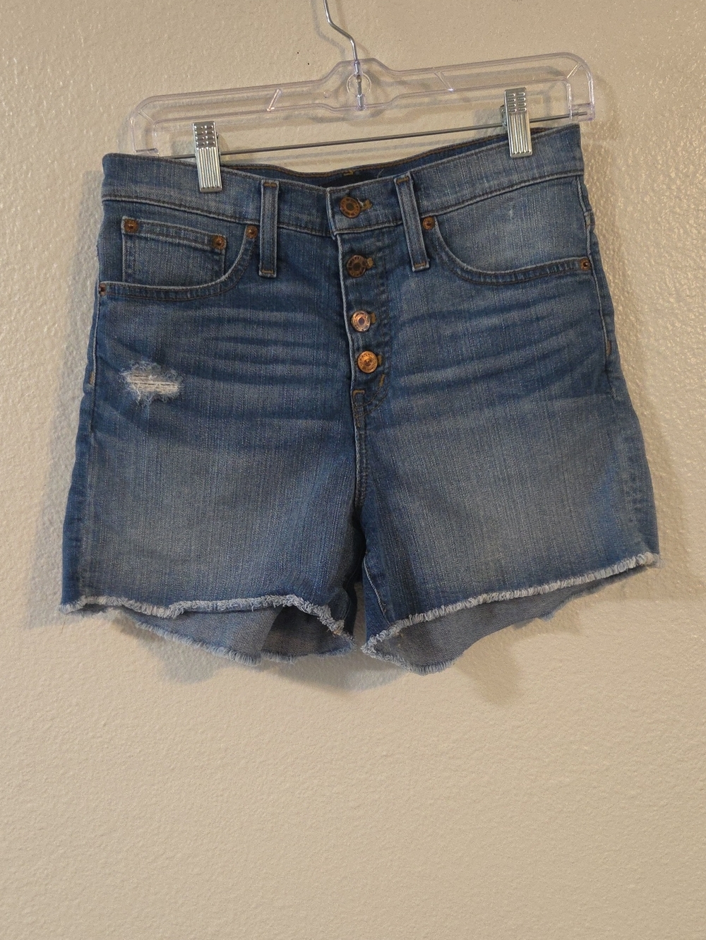 J. Crew High-Rise Button-Front Distressed Denim Shorts in Blue